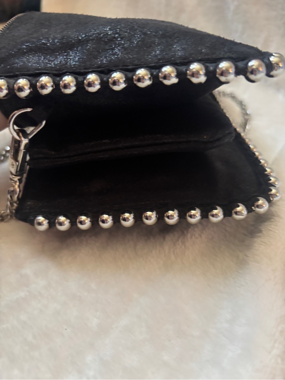 Zara Black Studded Crossbody Bag Silver Ball Chain Suede Look Clutch - Picture 3 of 8